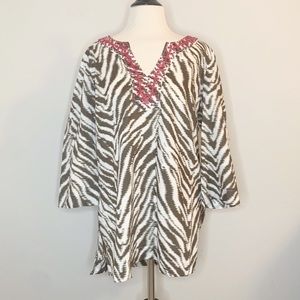 LOFT Brown & Cream Zebra Print Tunic w/ Red Beading Sz L